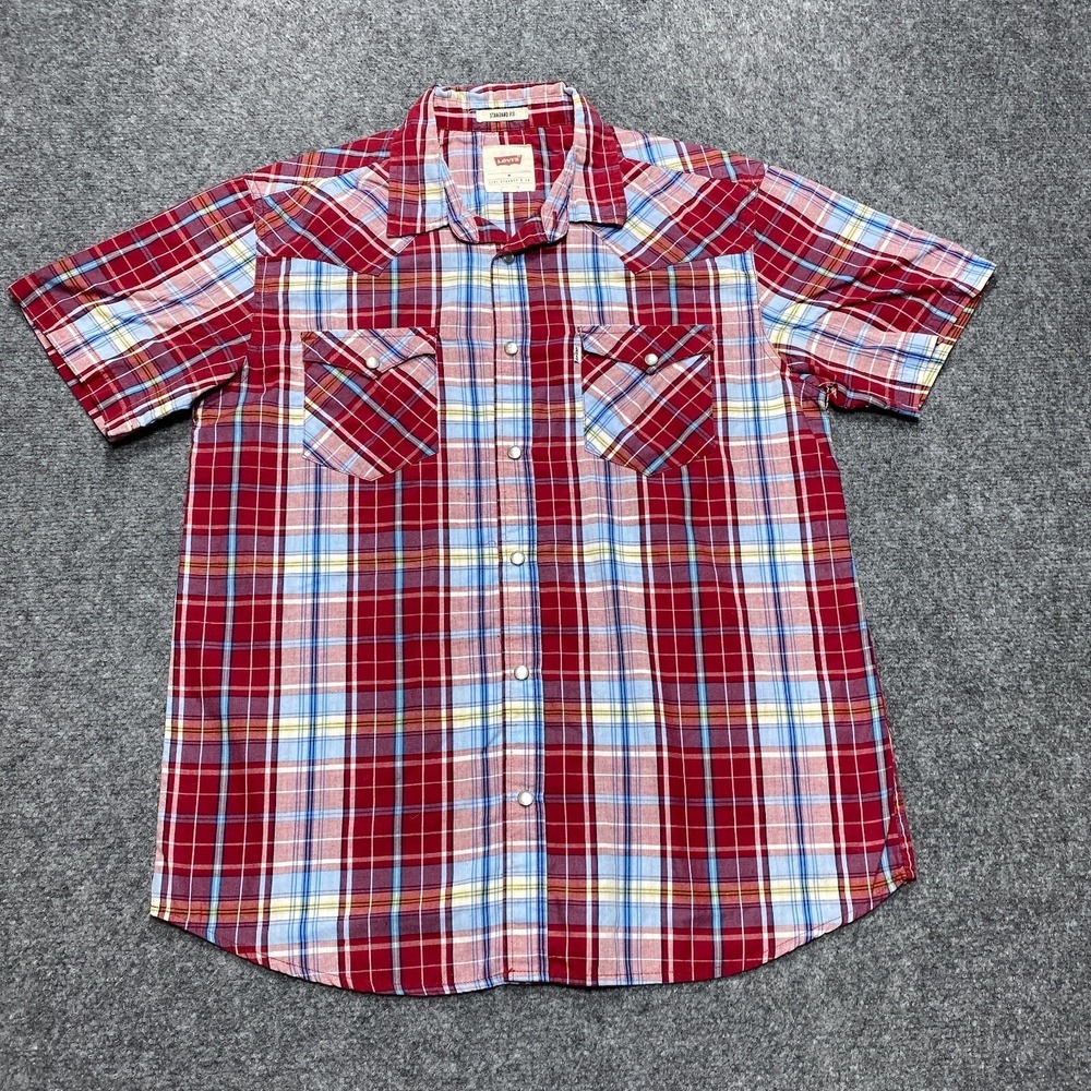 Levis Shirt Men Medium Red Blue Plaid Pearl Snap Western Cowboy Flap Pocket